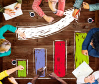 Bar Graph Growth Moving Up Improvement Concept Group of people at a table with a Bar Graph Growth Moving Up Improvement Concept